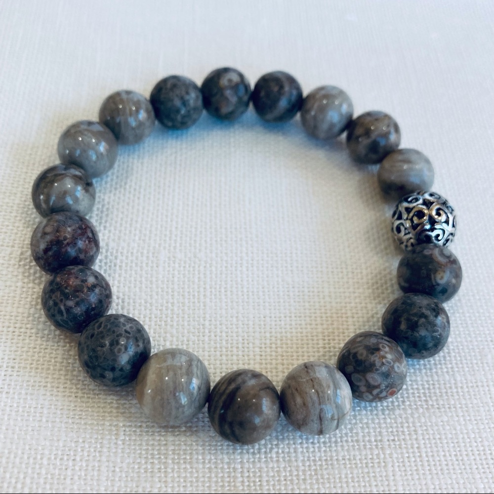 Handcrafted Fossil Coral Beaded Stretch Bracelet 10mm Gemstones & Silver-Plated - Picture 5 of 10
